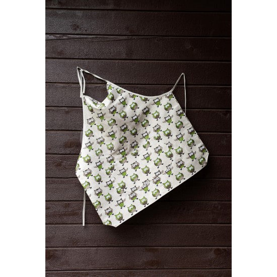 Colourful half-linen kitchen apron "Owls green"